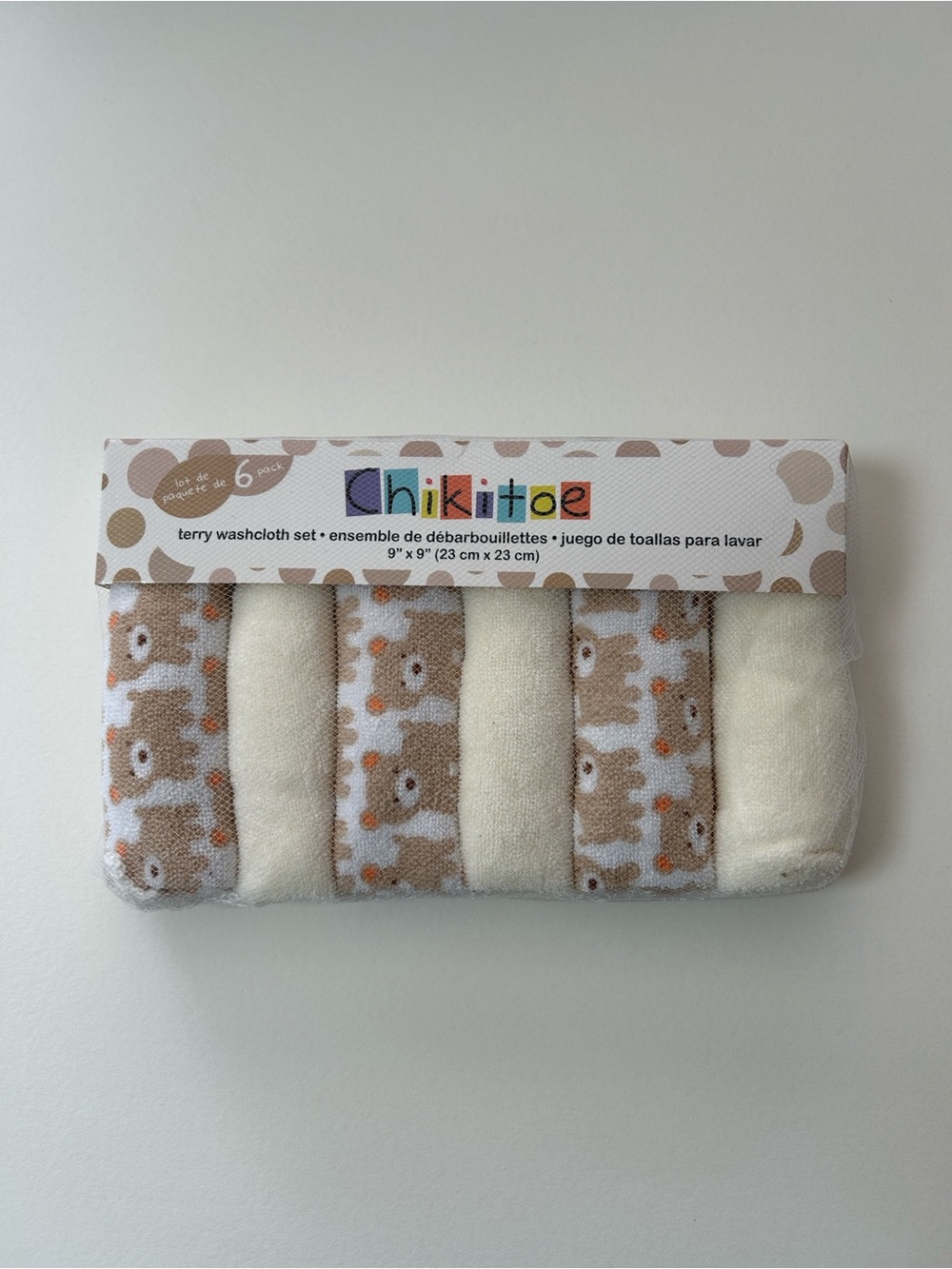 Chikitoe Terry Washcloth Set - Cream & Brown Bear Print (6-Pack)
